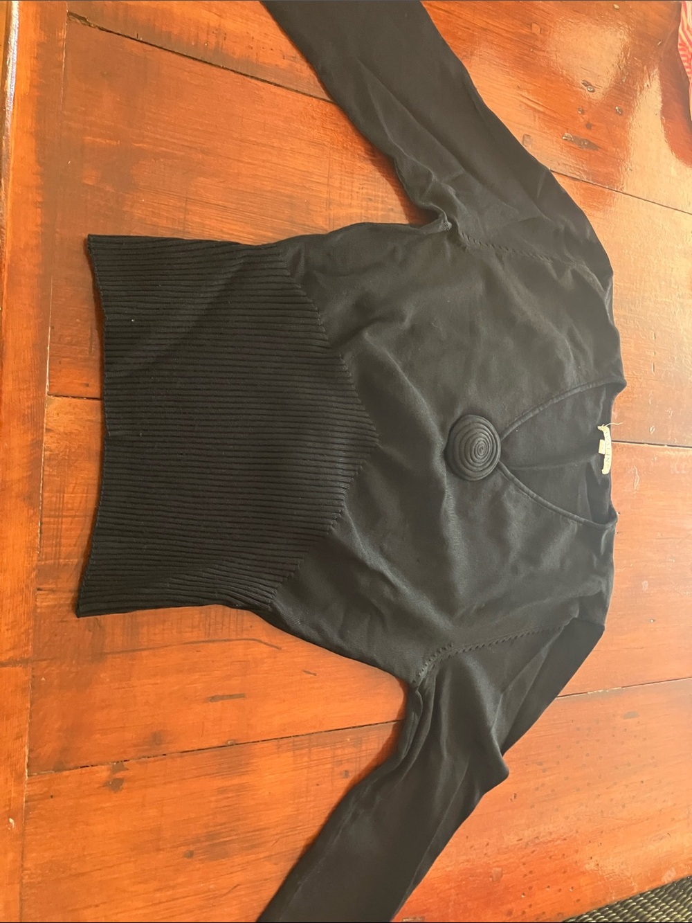 Black Women's Rib-Hem Sweater with Decorative Front Detail